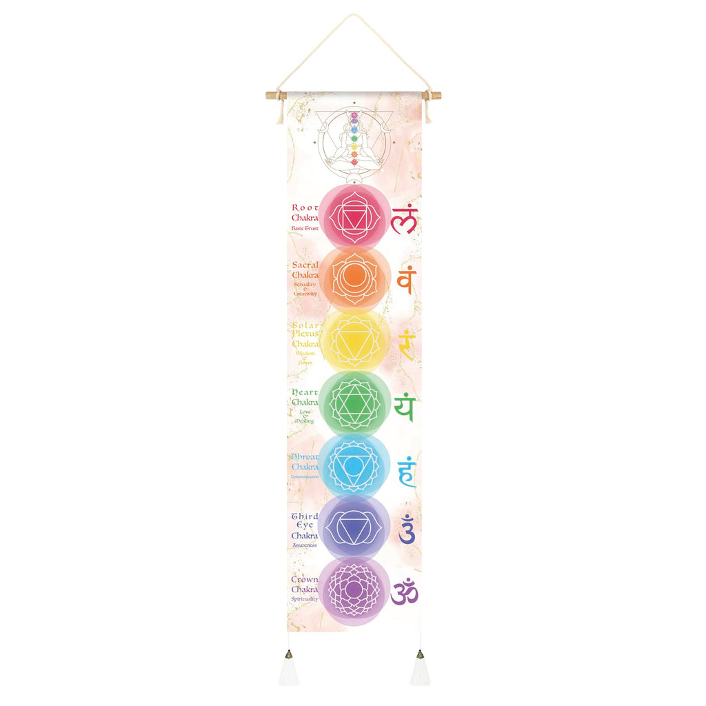 Hanging Poster Canvas Wall Art Banner for Meditation 7 Chakras Yoga Painting | Wall Hanging Tapestry Decoration Black and White | 33 x 135 cm (White)
