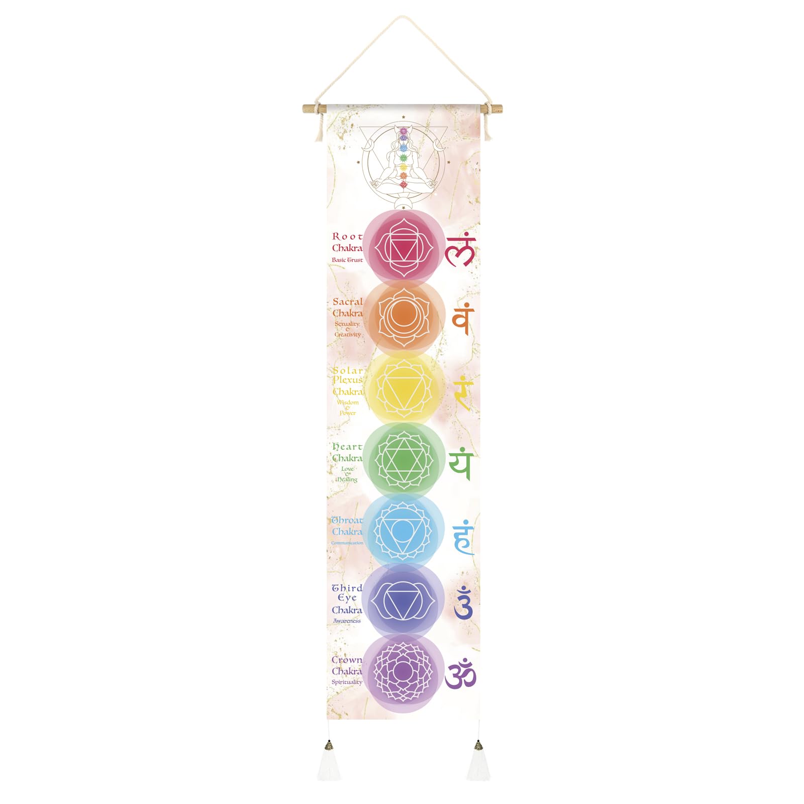 Hanging Poster Canvas Wall Art Banner for Meditation 7 Chakras Yoga Painting | Wall Hanging Tapestry Decoration Black and White | 33 x 135 cm (White)