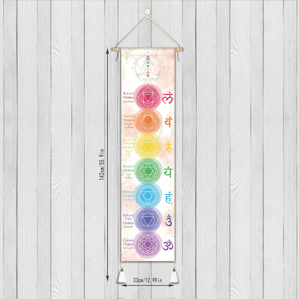Hanging Poster Canvas Wall Art Banner for Meditation 7 Chakras Yoga Painting | Wall Hanging Tapestry Decoration Black and White | 33 x 135 cm (White)