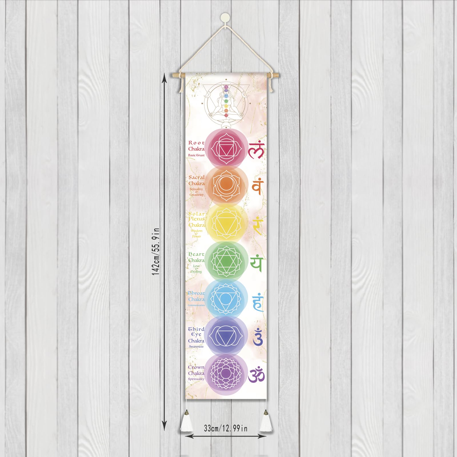 Hanging Poster Canvas Wall Art Banner for Meditation 7 Chakras Yoga Painting | Wall Hanging Tapestry Decoration Black and White | 33 x 135 cm (White)