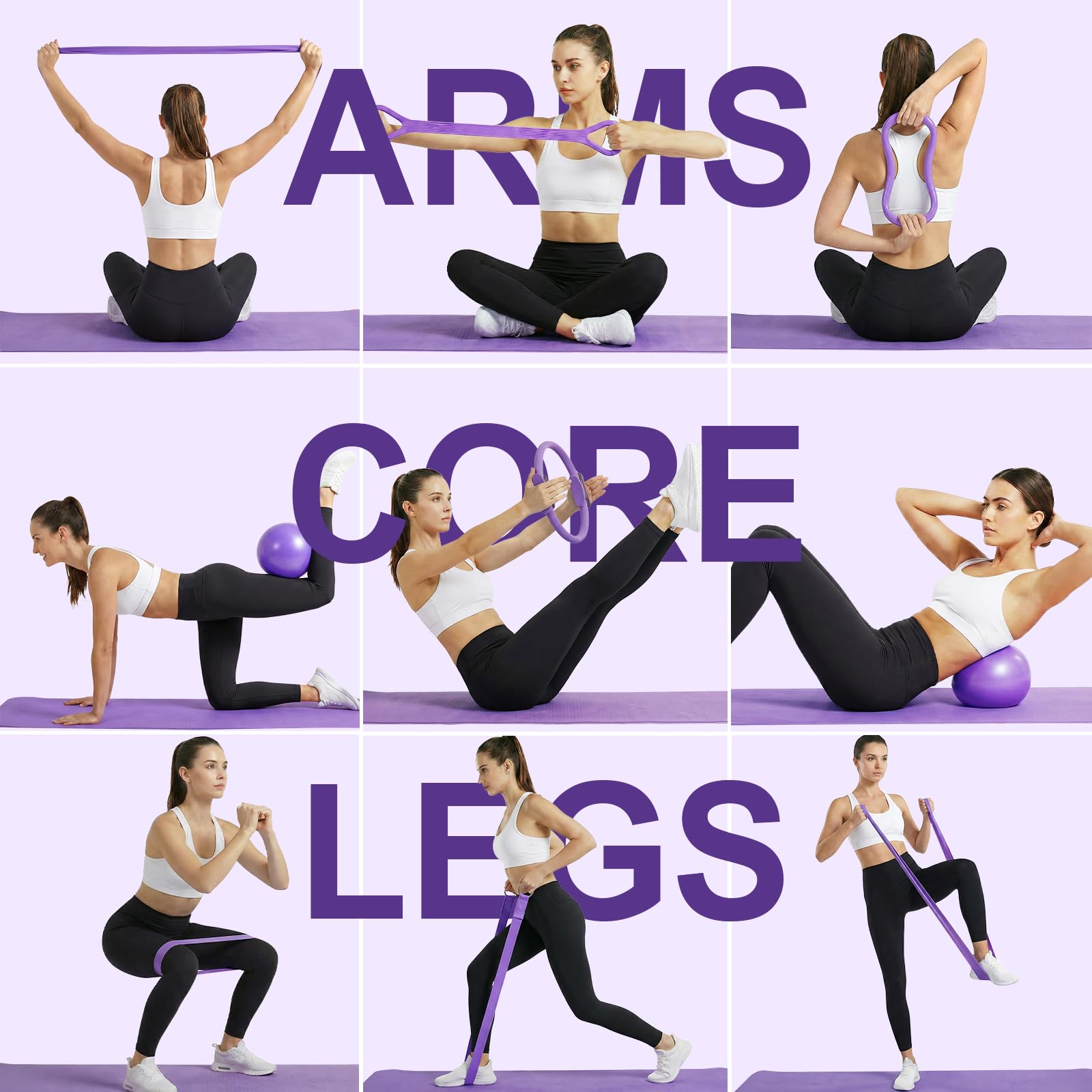 ElaraFit 13 Piece Pilates Kit for Women, Home Pilates Ring and Ball Set with 5 Resistance Bands, Stretch Strap, Arm Exerciser, Grip Socks, Storage Bag and Workout Guide, 13 Inch Magic Circle, Purple