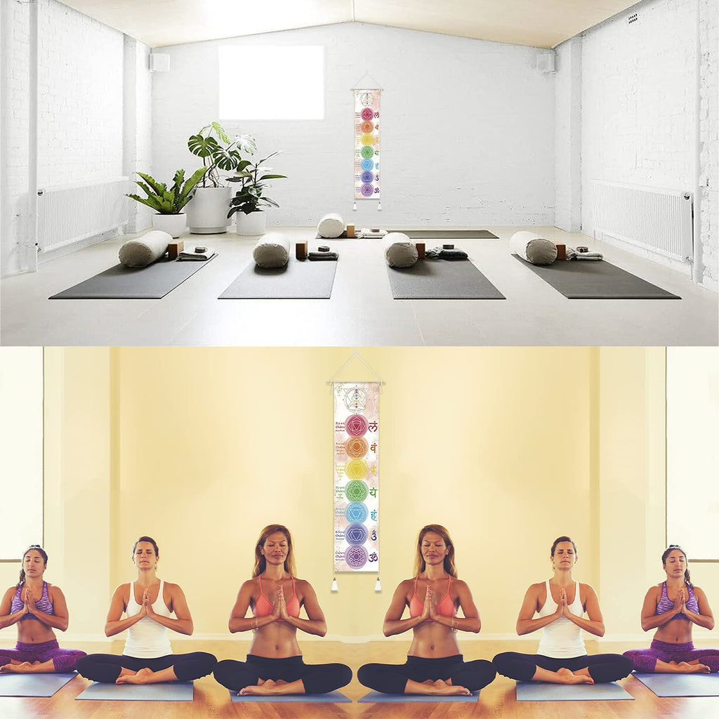 Hanging Poster Canvas Wall Art Banner for Meditation 7 Chakras Yoga Painting | Wall Hanging Tapestry Decoration Black and White | 33 x 135 cm (White)