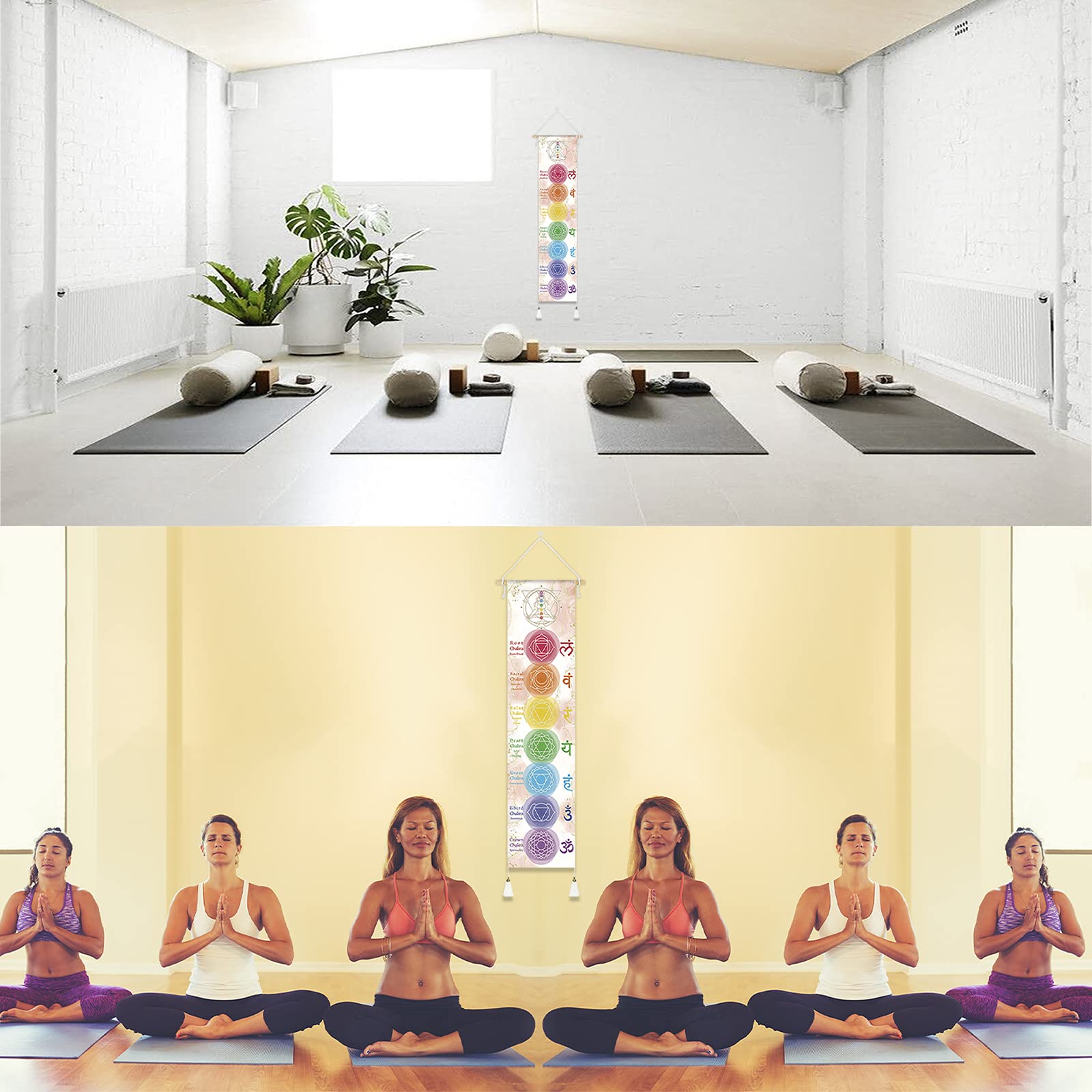 Hanging Poster Canvas Wall Art Banner for Meditation 7 Chakras Yoga Painting | Wall Hanging Tapestry Decoration Black and White | 33 x 135 cm (White)