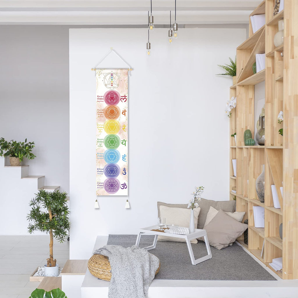 Hanging Poster Canvas Wall Art Banner for Meditation 7 Chakras Yoga Painting | Wall Hanging Tapestry Decoration Black and White | 33 x 135 cm (White)