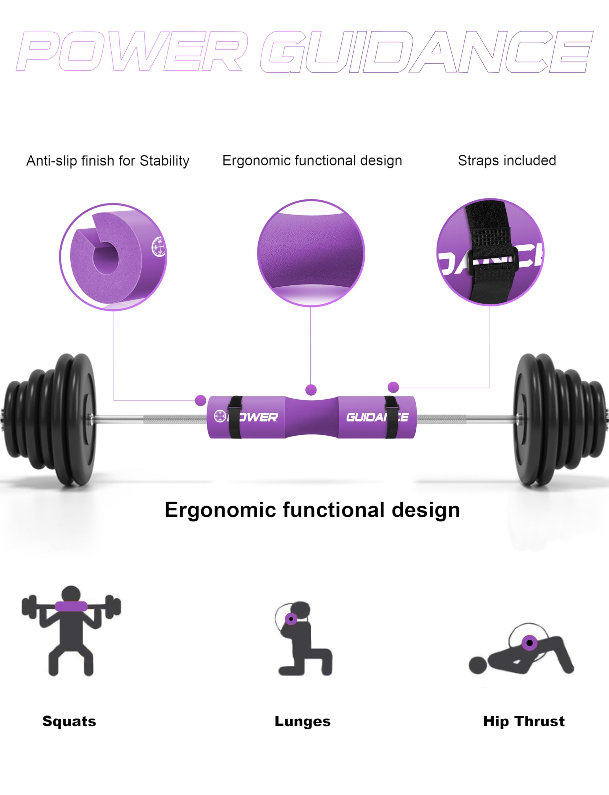 POWER GUIDANCE Barbell Squat Pad - Neck & Shoulder Protective Pad - Great for Squats, Lunges, Hip Thrusts, Weight Lifting & More - Fit Standard and Olympic Bars Perfectly Purple
