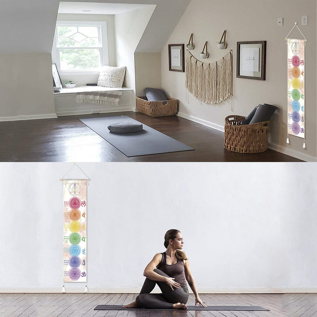 Hanging Poster Canvas Wall Art Banner for Meditation 7 Chakras Yoga Painting | Wall Hanging Tapestry Decoration Black and White | 33 x 135 cm (White)