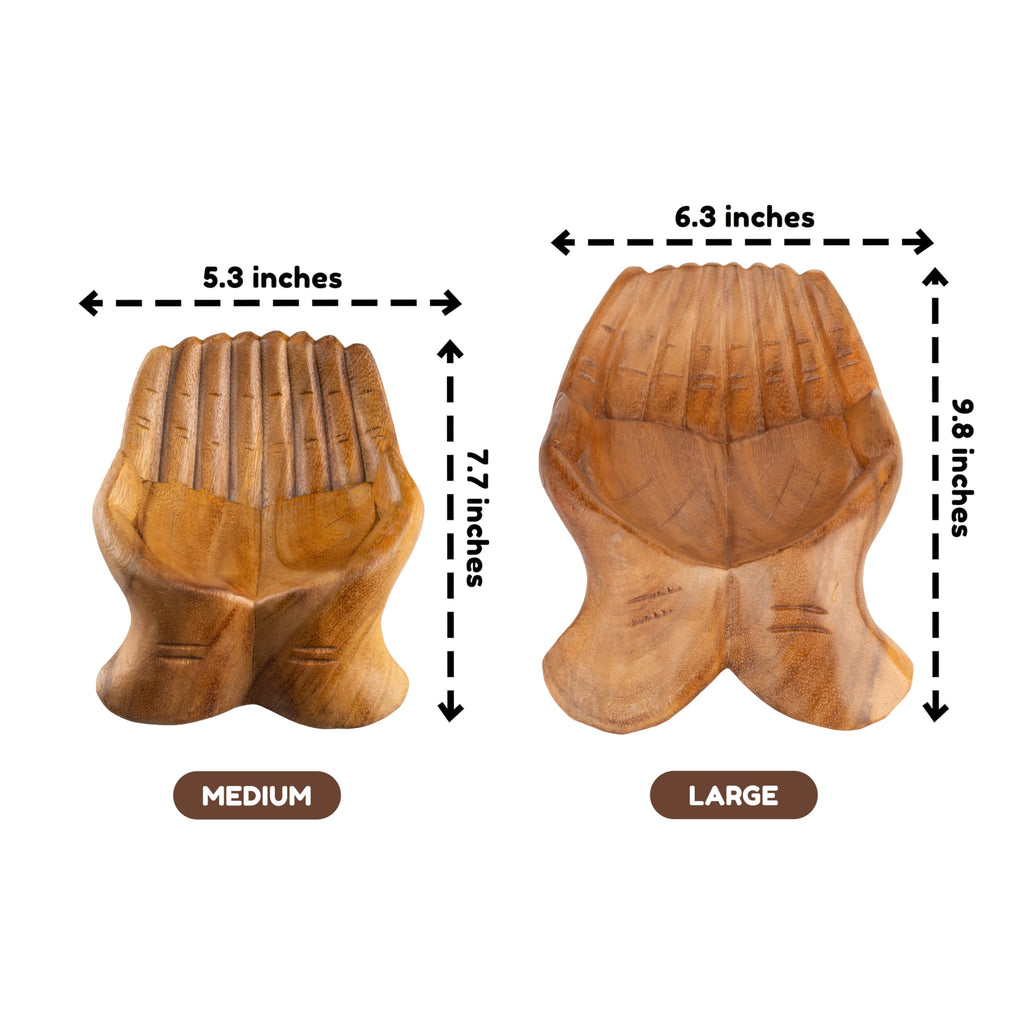 Curawood Carved Hands Offering Bowl - Crystal Holder for Stones, Rock Collection Holder, Crystal Display Storage Tray, Wooden Hands Bowl for Keys - Rock Display Case for Shelf, Stand, Altar Decor (M)