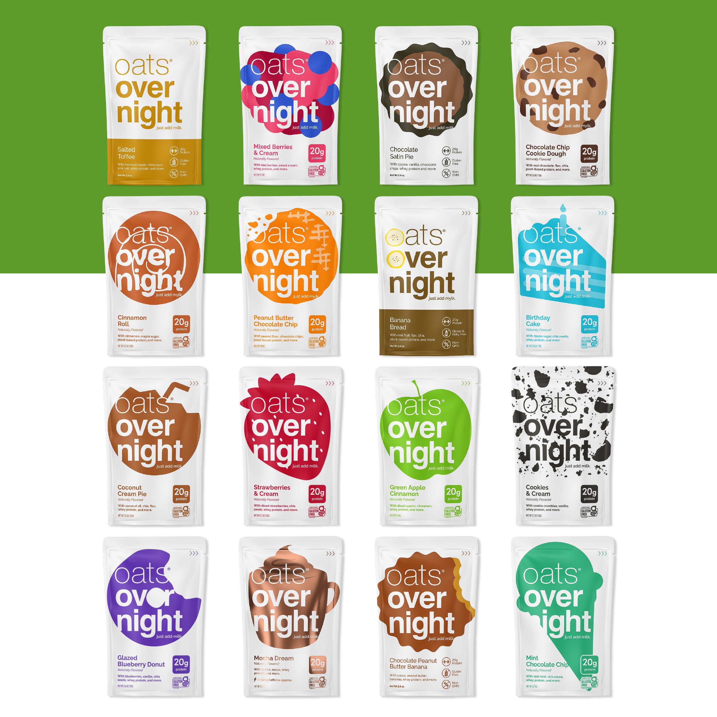 Oats Overnight Ultimate Variety Pack - High Protein, 5g Fiber Breakfast Protein Shake, Gluten Free Oatmeal, Non GMO Oatmeal - Green Apple Cinnamon, Coconut Cream Pie & More (16 Pack + Shaker Bottle)