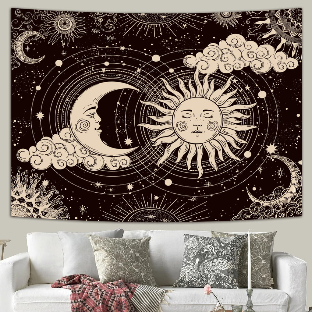 Wonrizon Sun and Moon Tapestry, Aesthetic Black Dark Spiritual Tapestries Mystic Burning Sun with Clouds Star Wall Hanging decor for Bedroom (51.2" x 59.1")