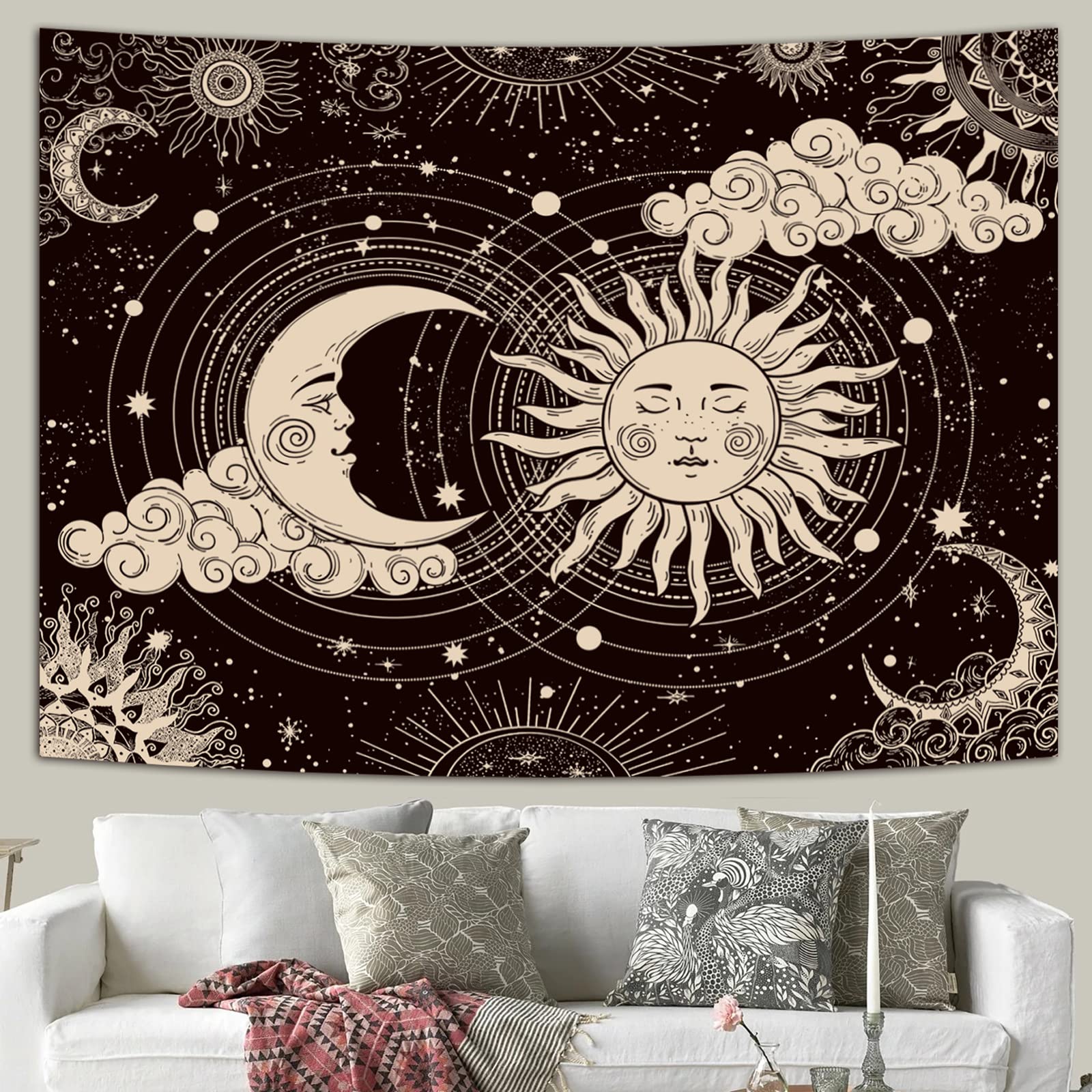 Wonrizon Sun and Moon Tapestry, Aesthetic Black Dark Spiritual Tapestries Mystic Burning Sun with Clouds Star Wall Hanging decor for Bedroom (51.2" x 59.1")