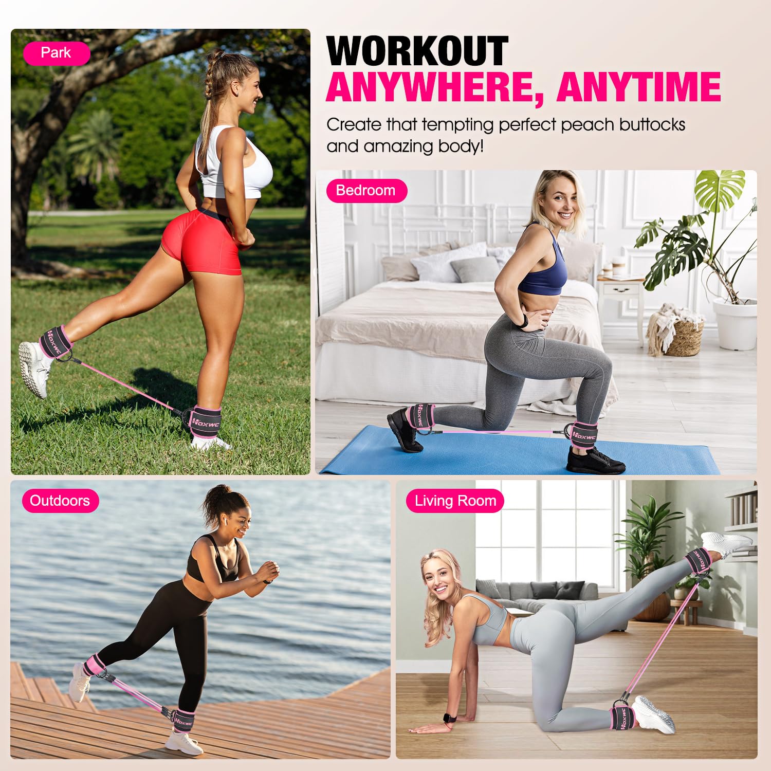 HOXWC Ankle Resistance Bands with Cuffs, Ankle Bands for Working Out, Ankle Resistance Band for Leg, Booty Workout Equipment for Kickbacks Hip Fitness Training, Exercise Bands for Butt Lift Women