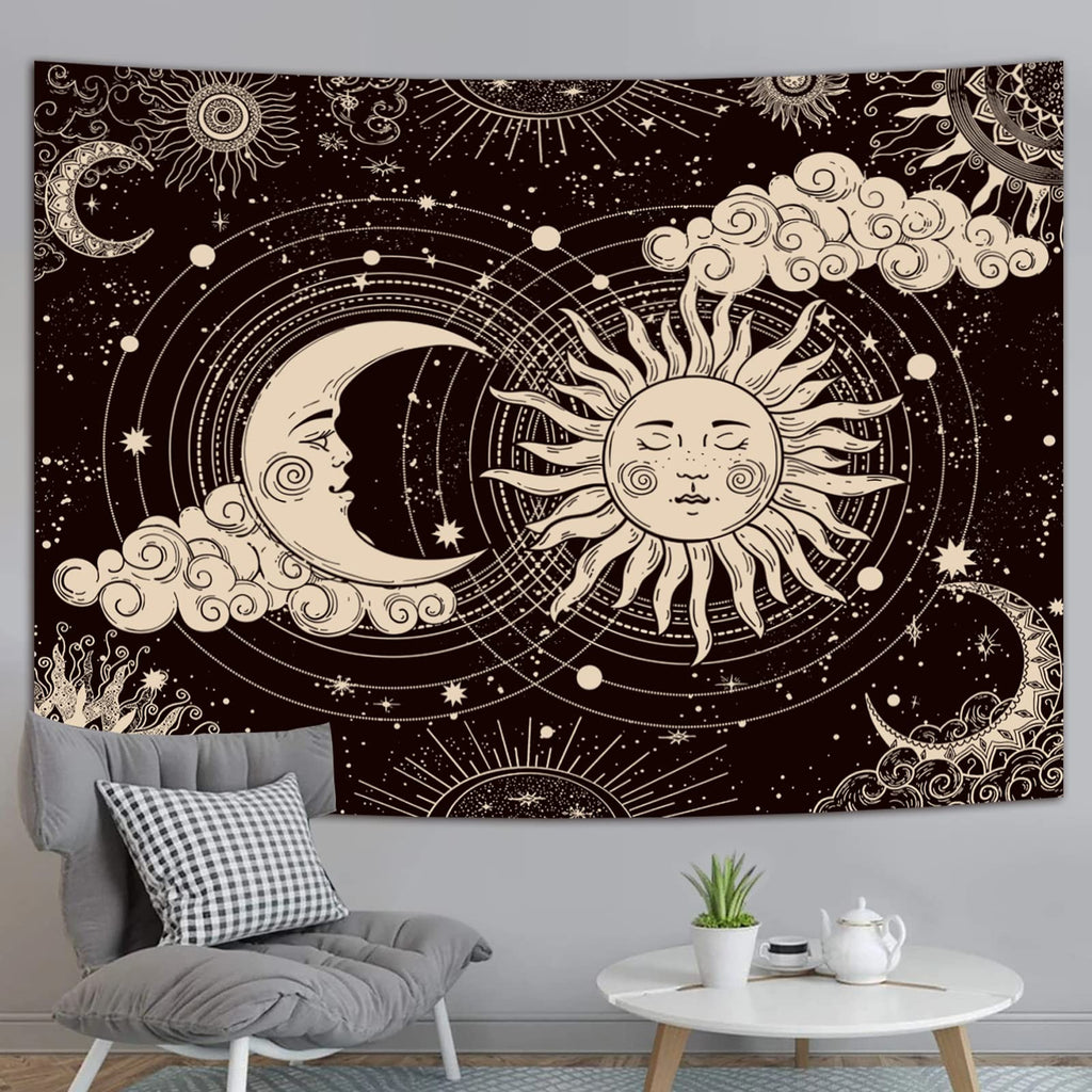 Wonrizon Sun and Moon Tapestry, Aesthetic Black Dark Spiritual Tapestries Mystic Burning Sun with Clouds Star Wall Hanging decor for Bedroom (51.2" x 59.1")