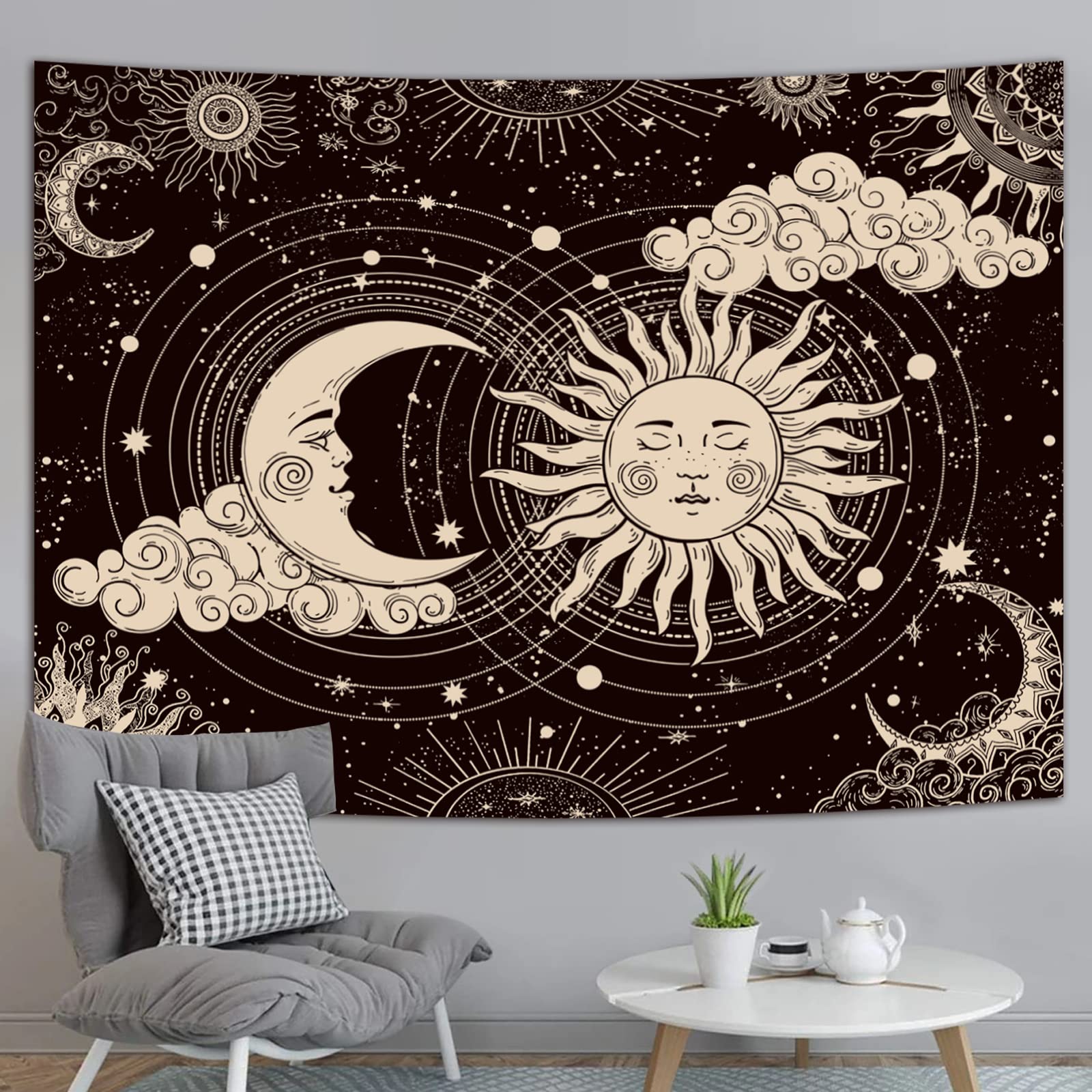 Wonrizon Sun and Moon Tapestry, Aesthetic Black Dark Spiritual Tapestries Mystic Burning Sun with Clouds Star Wall Hanging decor for Bedroom (51.2" x 59.1")