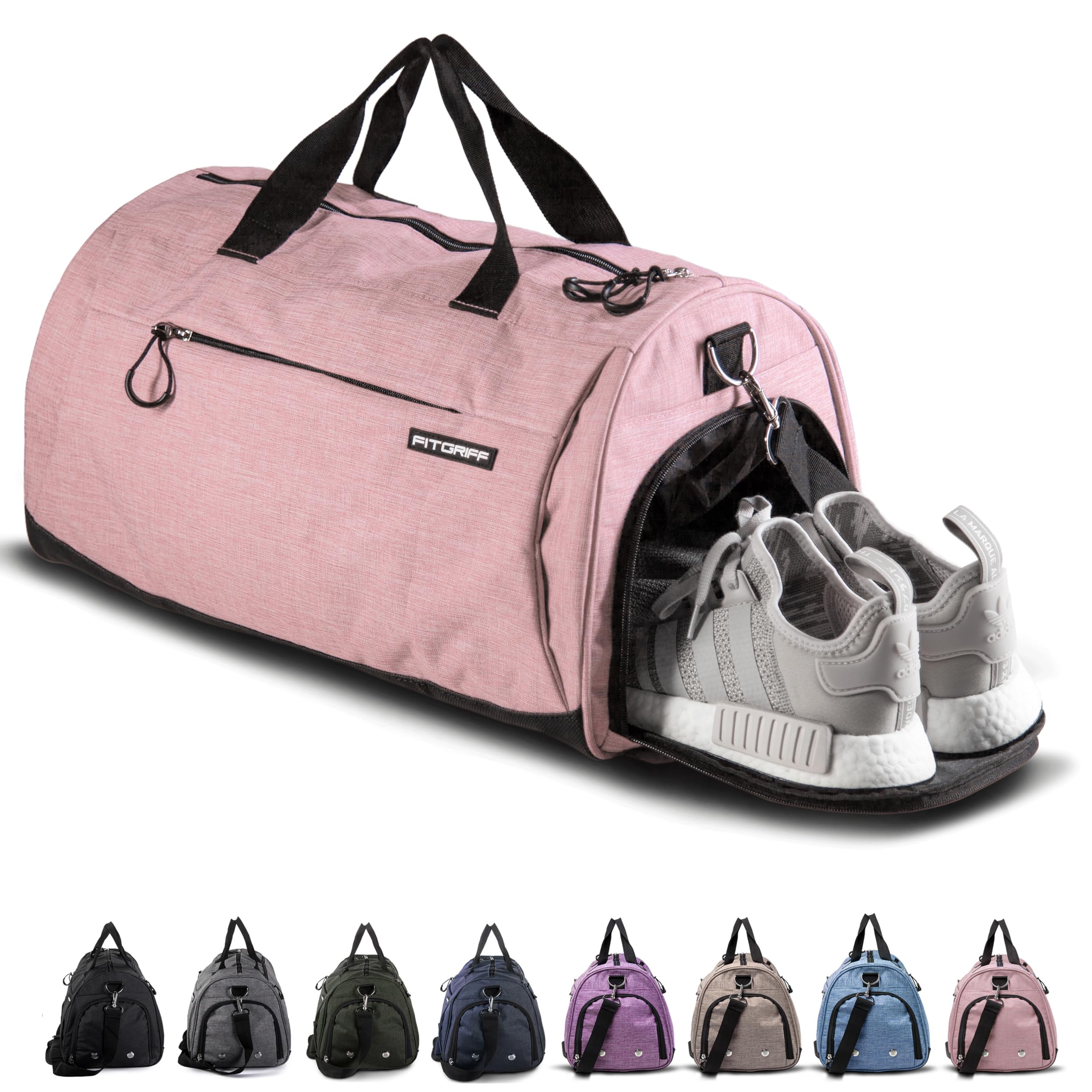 Fitgriff® Gym Bag for Men & Women with Shoe & Wet Compartment - Duffle Bag for Travel, Sports, Fitness & Workout (Pink, 19 x 10 x 10″ (S))