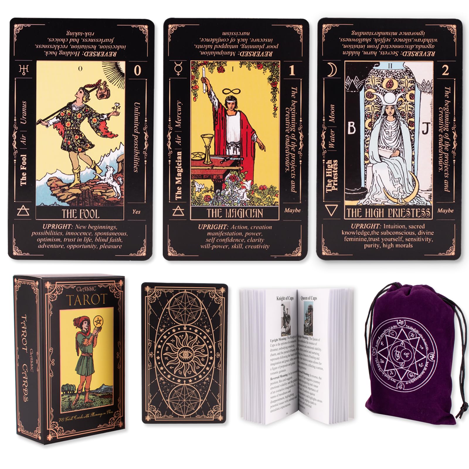 KLEDERY Tarot Cards for Beginners, Classic Tarot Deck with Meanings, Durable Cards with Guide Book, Black