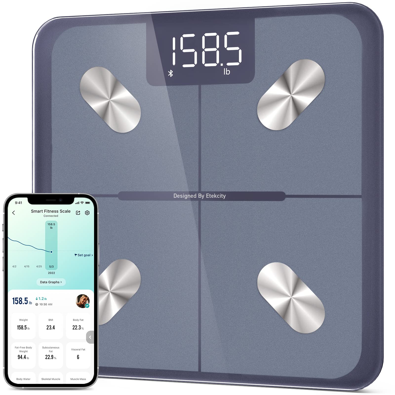 Etekcity Smart Scale for Body Weight and Fat Percentage, Digital Bathroom Accurate Weighing Machine for People's BMI Muscle, Bluetooth Electronic Body Composition Monitor Syncs with App, 400lb