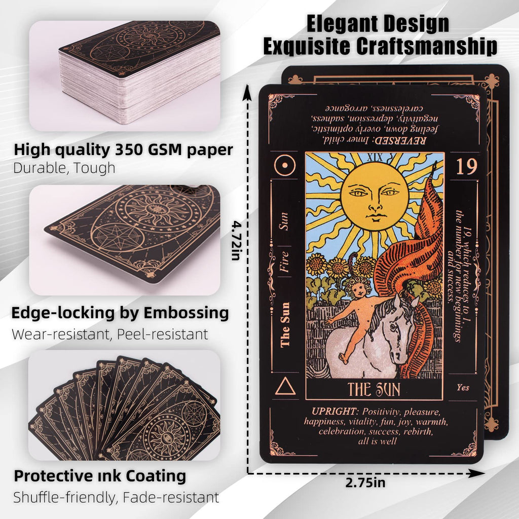 KLEDERY Tarot Cards for Beginners, Classic Tarot Deck with Meanings, Durable Cards with Guide Book, Black
