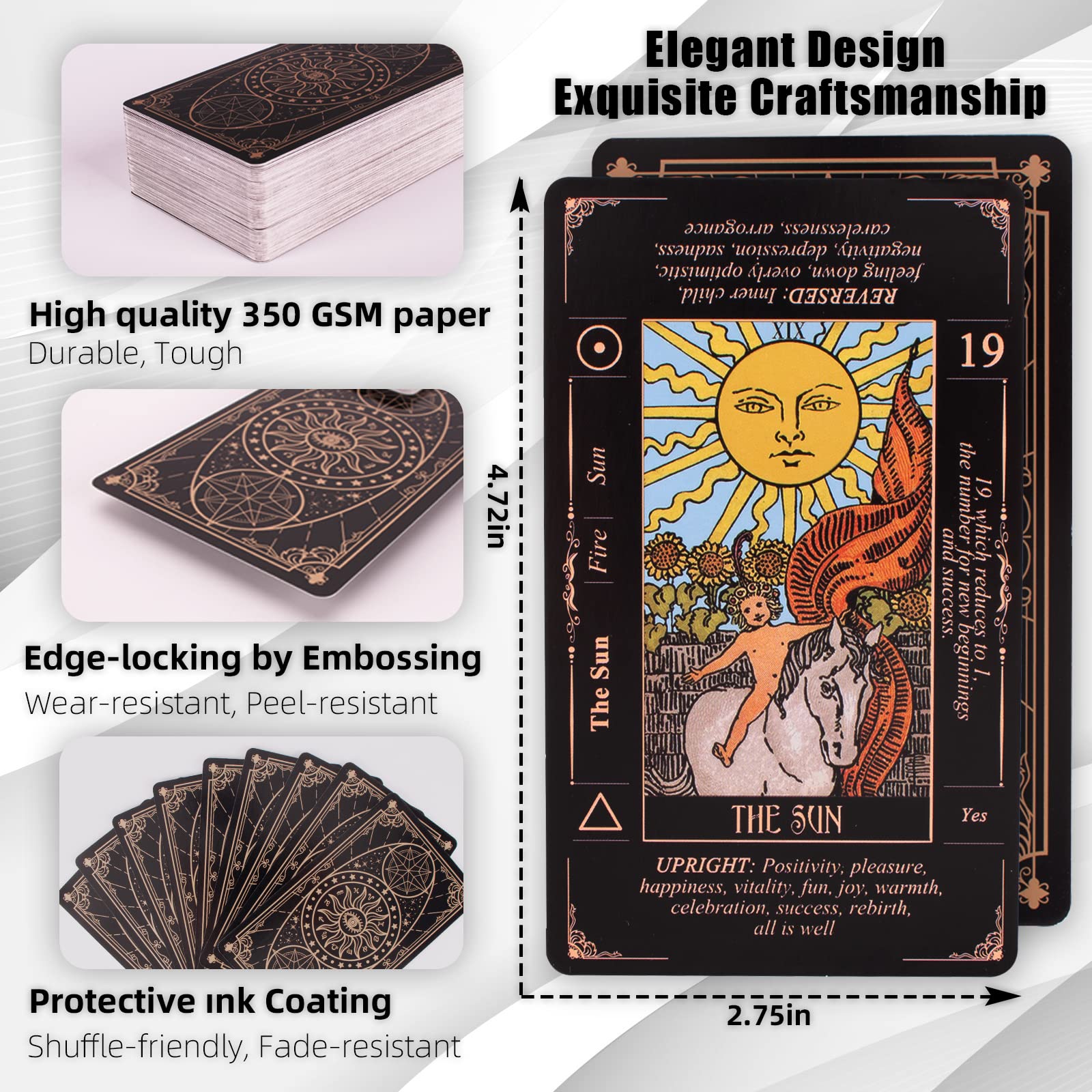 KLEDERY Tarot Cards for Beginners, Classic Tarot Deck with Meanings, Durable Cards with Guide Book, Black