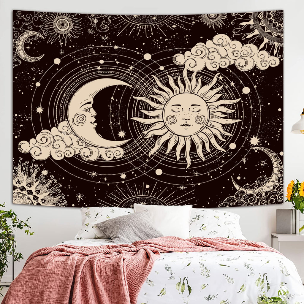 Wonrizon Sun and Moon Tapestry, Aesthetic Black Dark Spiritual Tapestries Mystic Burning Sun with Clouds Star Wall Hanging decor for Bedroom (51.2" x 59.1")