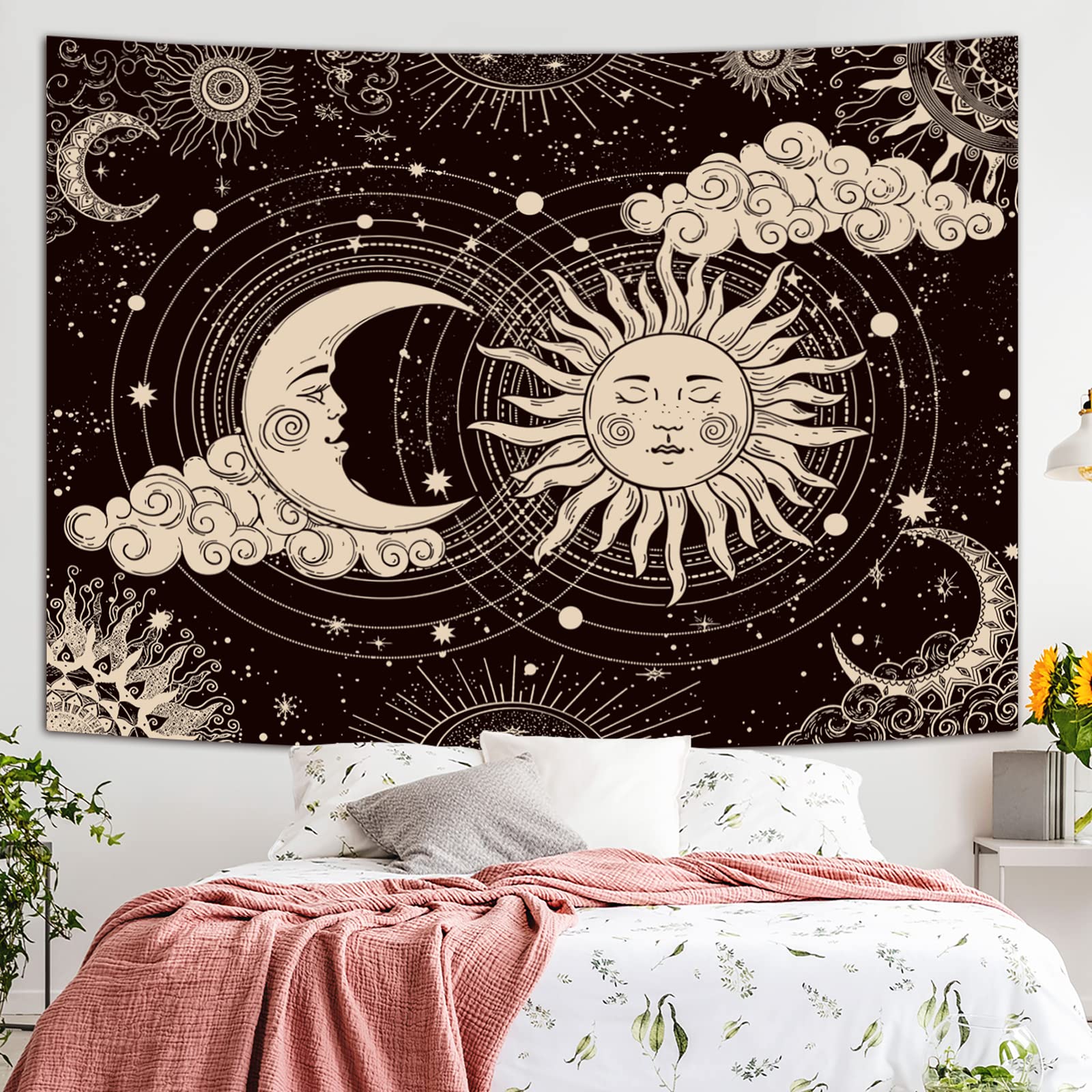 Wonrizon Sun and Moon Tapestry, Aesthetic Black Dark Spiritual Tapestries Mystic Burning Sun with Clouds Star Wall Hanging decor for Bedroom (51.2" x 59.1")