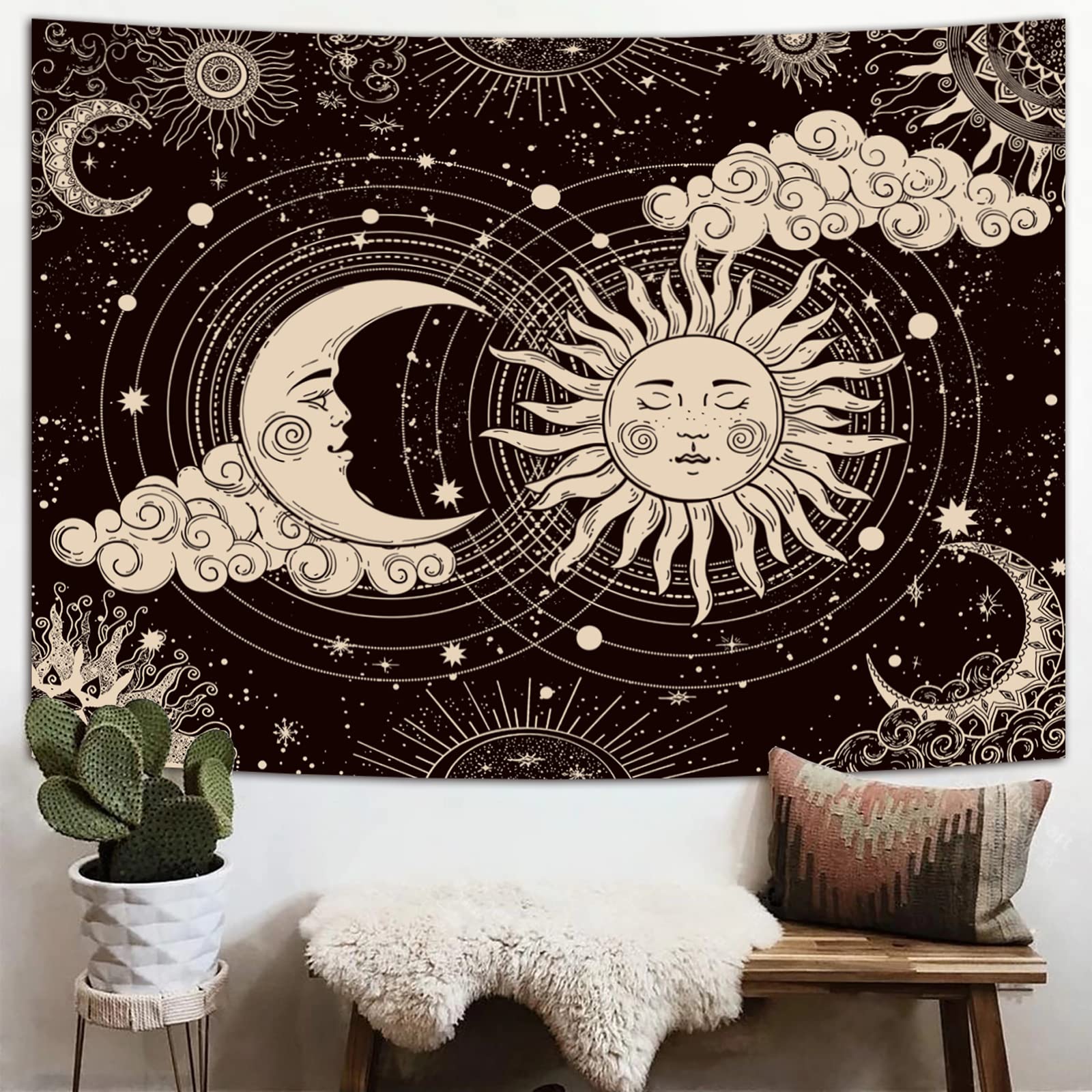 Wonrizon Sun and Moon Tapestry, Aesthetic Black Dark Spiritual Tapestries Mystic Burning Sun with Clouds Star Wall Hanging decor for Bedroom (51.2" x 59.1")