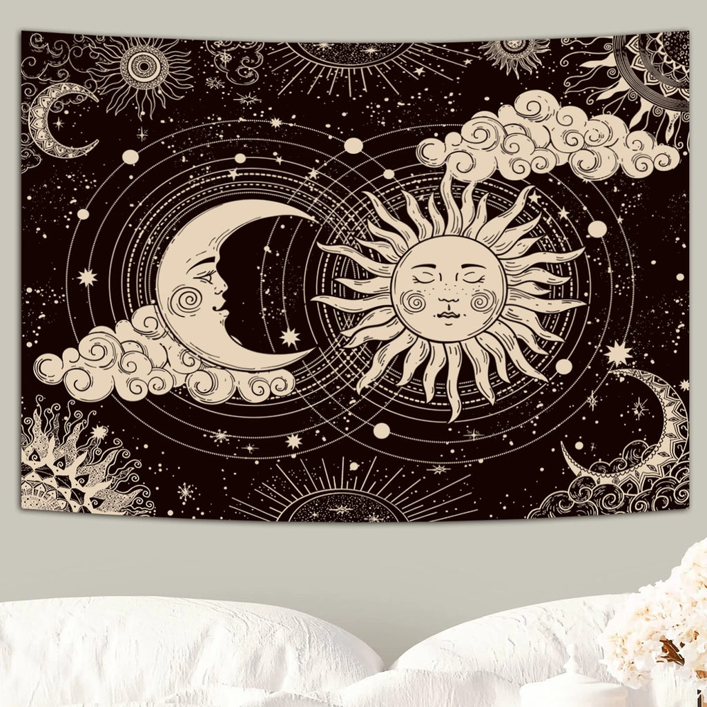 Wonrizon Sun and Moon Tapestry, Aesthetic Black Dark Spiritual Tapestries Mystic Burning Sun with Clouds Star Wall Hanging decor for Bedroom (51.2" x 59.1")