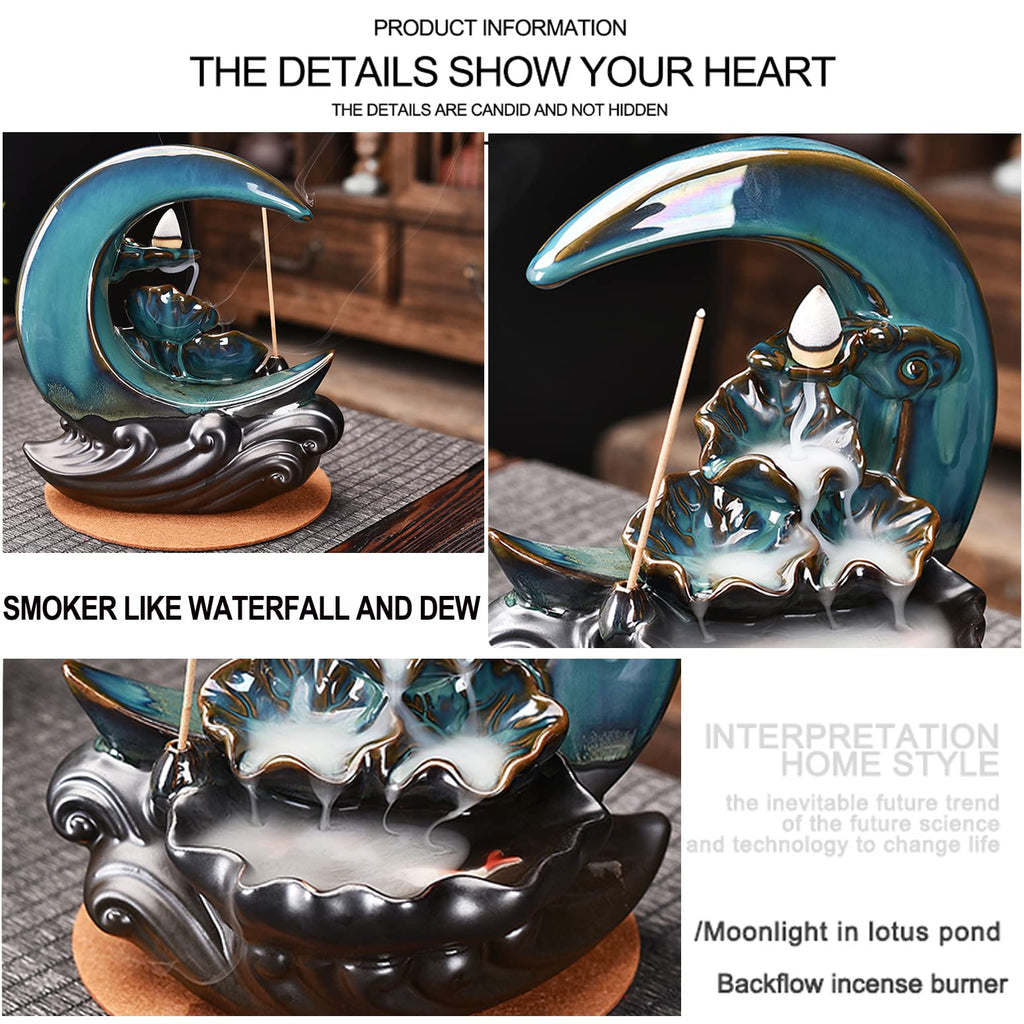 Zvaiuk New Moon Backflow Incense Holder, Ceramic Hand-Made Incense Fountain Burner with 100 Backflow Incense Cones，Fragrance Incense Stick，Mat，Aromatherapy Home Decoration