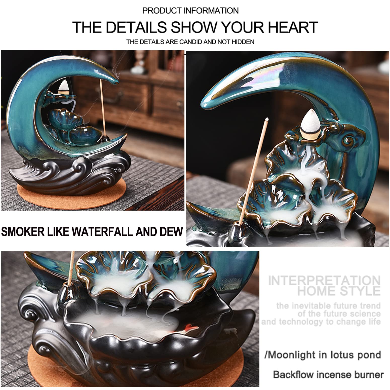 Zvaiuk New Moon Backflow Incense Holder, Ceramic Hand-Made Incense Fountain Burner with 100 Backflow Incense Cones，Fragrance Incense Stick，Mat，Aromatherapy Home Decoration