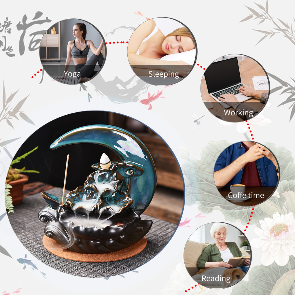 Zvaiuk New Moon Backflow Incense Holder, Ceramic Hand-Made Incense Fountain Burner with 100 Backflow Incense Cones，Fragrance Incense Stick，Mat，Aromatherapy Home Decoration