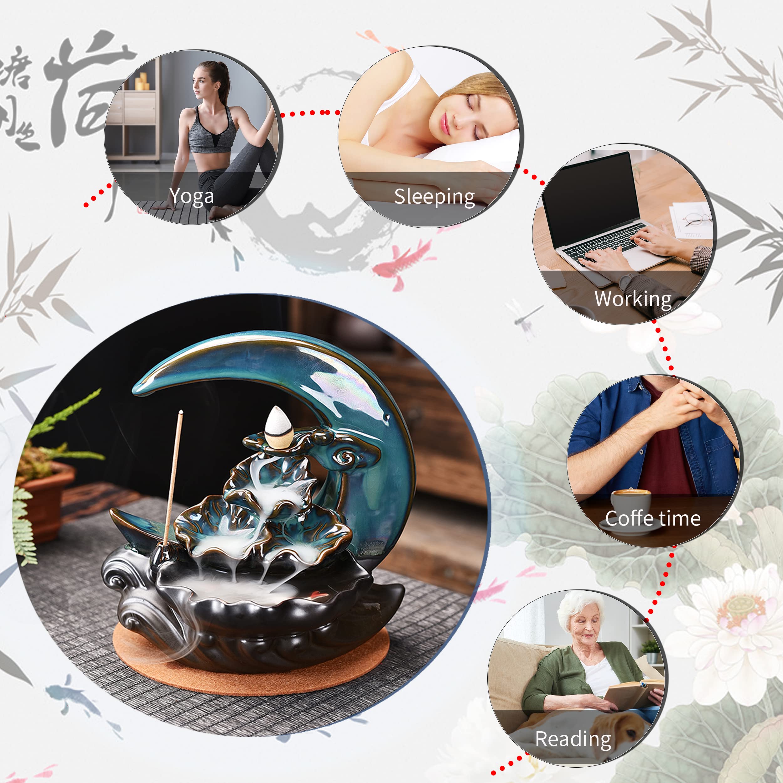 Zvaiuk New Moon Backflow Incense Holder, Ceramic Hand-Made Incense Fountain Burner with 100 Backflow Incense Cones，Fragrance Incense Stick，Mat，Aromatherapy Home Decoration