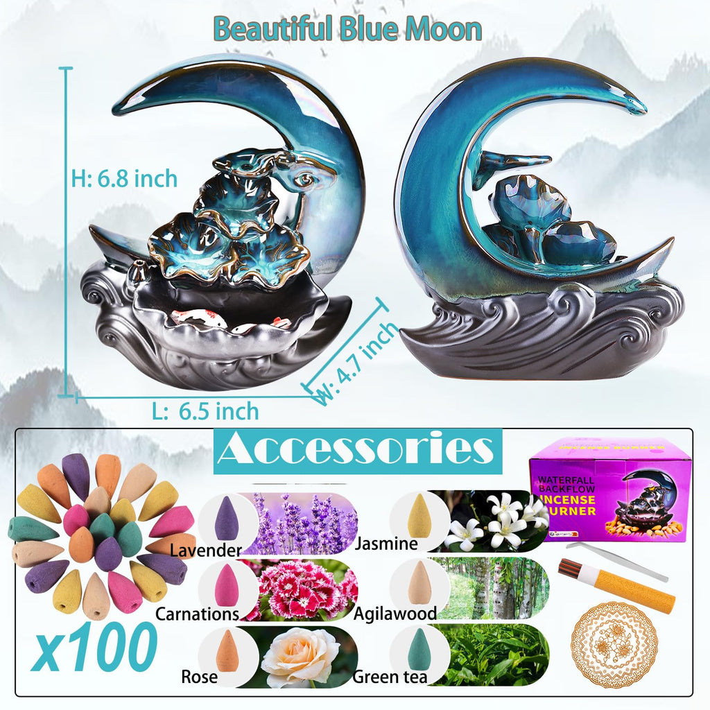 Zvaiuk New Moon Backflow Incense Holder, Ceramic Hand-Made Incense Fountain Burner with 100 Backflow Incense Cones，Fragrance Incense Stick，Mat，Aromatherapy Home Decoration