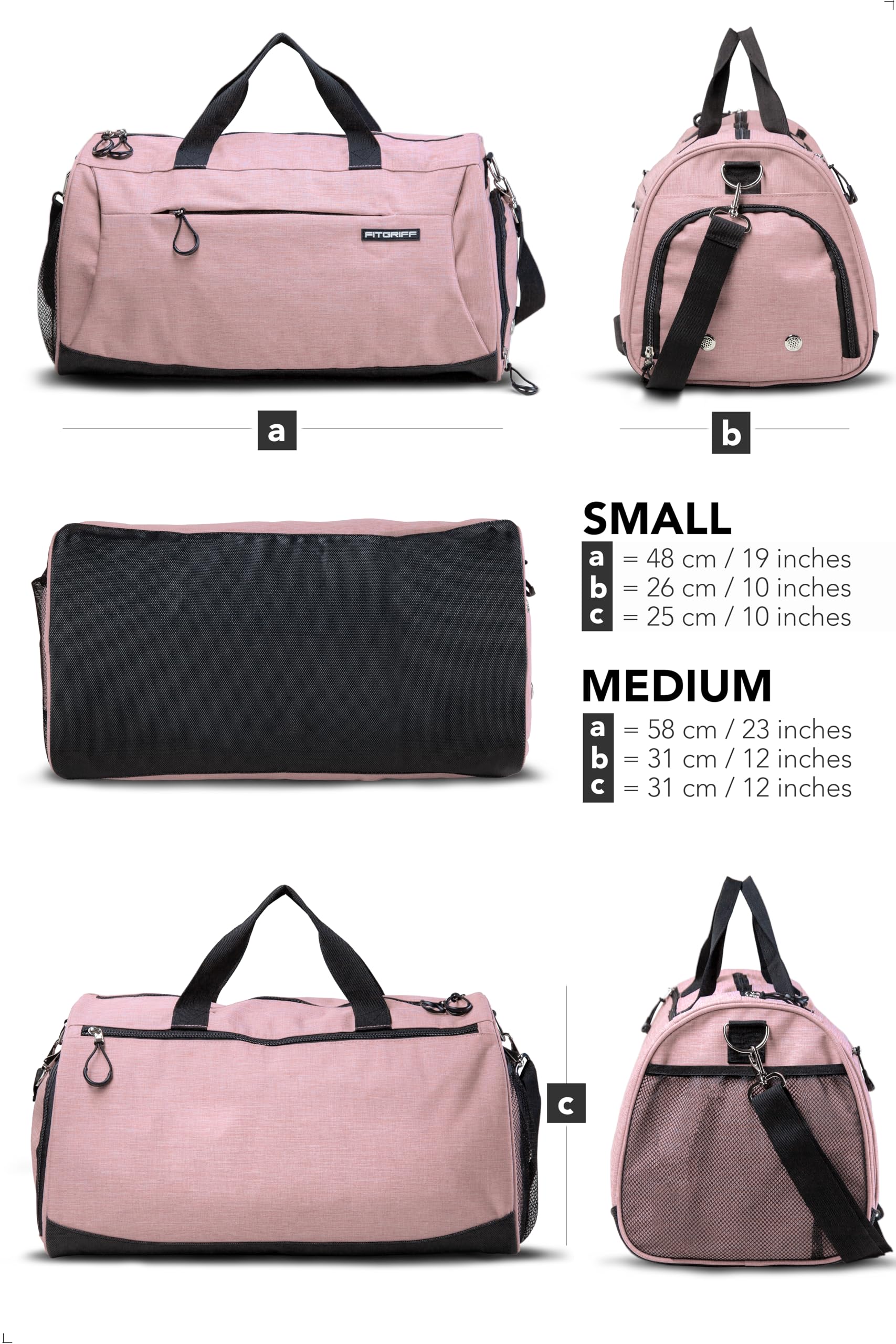 Fitgriff® Gym Bag for Men & Women with Shoe & Wet Compartment - Duffle Bag for Travel, Sports, Fitness & Workout (Pink, 19 x 10 x 10″ (S))