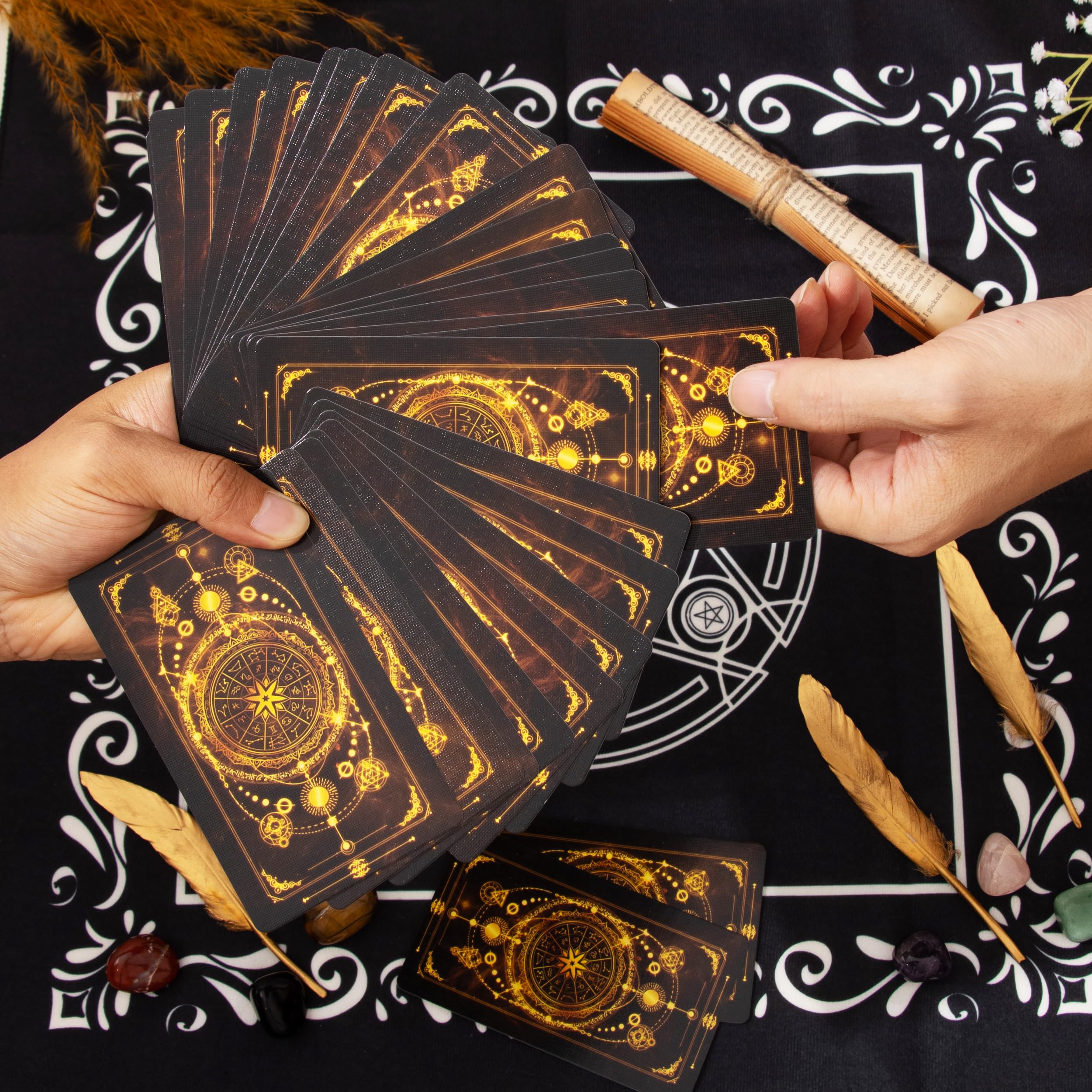 SUGEYA 78 Tarot Cards with Guide Book, Black Tarot Deck Gift Set with Tarot Cloth, Chakra Stones and More, Tarot Cards Deck Fortune Telling Game Craft Cardboard for Beginners and Expert Readers
