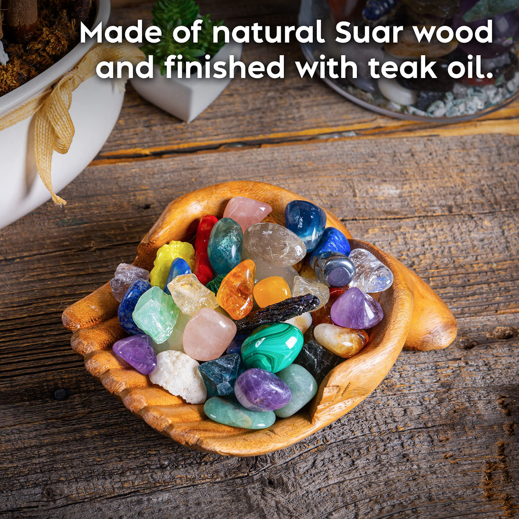Curawood Carved Hands Offering Bowl - Crystal Holder for Stones, Rock Collection Holder, Crystal Display Storage Tray, Wooden Hands Bowl for Keys - Rock Display Case for Shelf, Stand, Altar Decor (M)