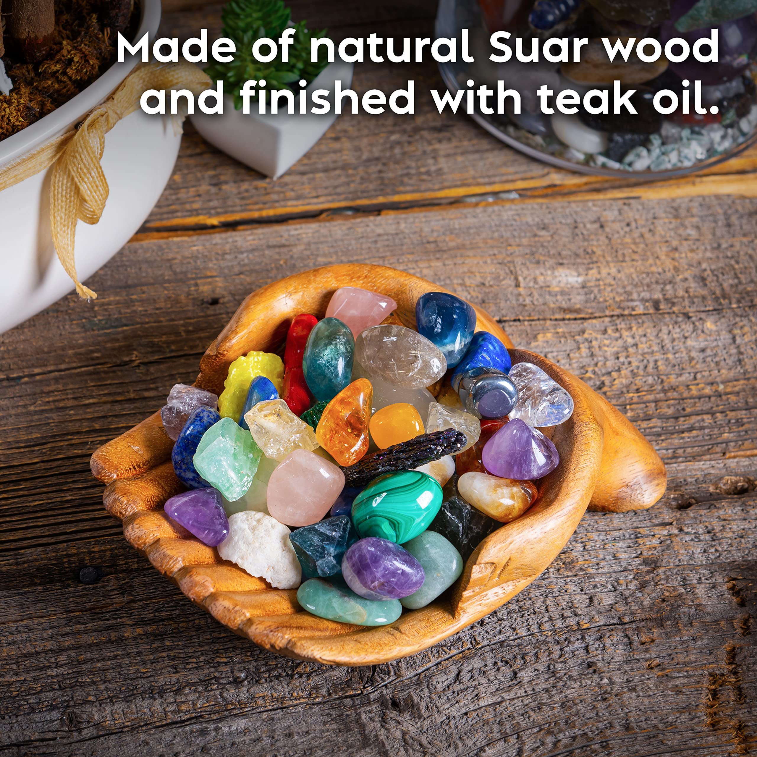 Curawood Carved Hands Offering Bowl - Crystal Holder for Stones, Rock Collection Holder, Crystal Display Storage Tray, Wooden Hands Bowl for Keys - Rock Display Case for Shelf, Stand, Altar Decor (M)