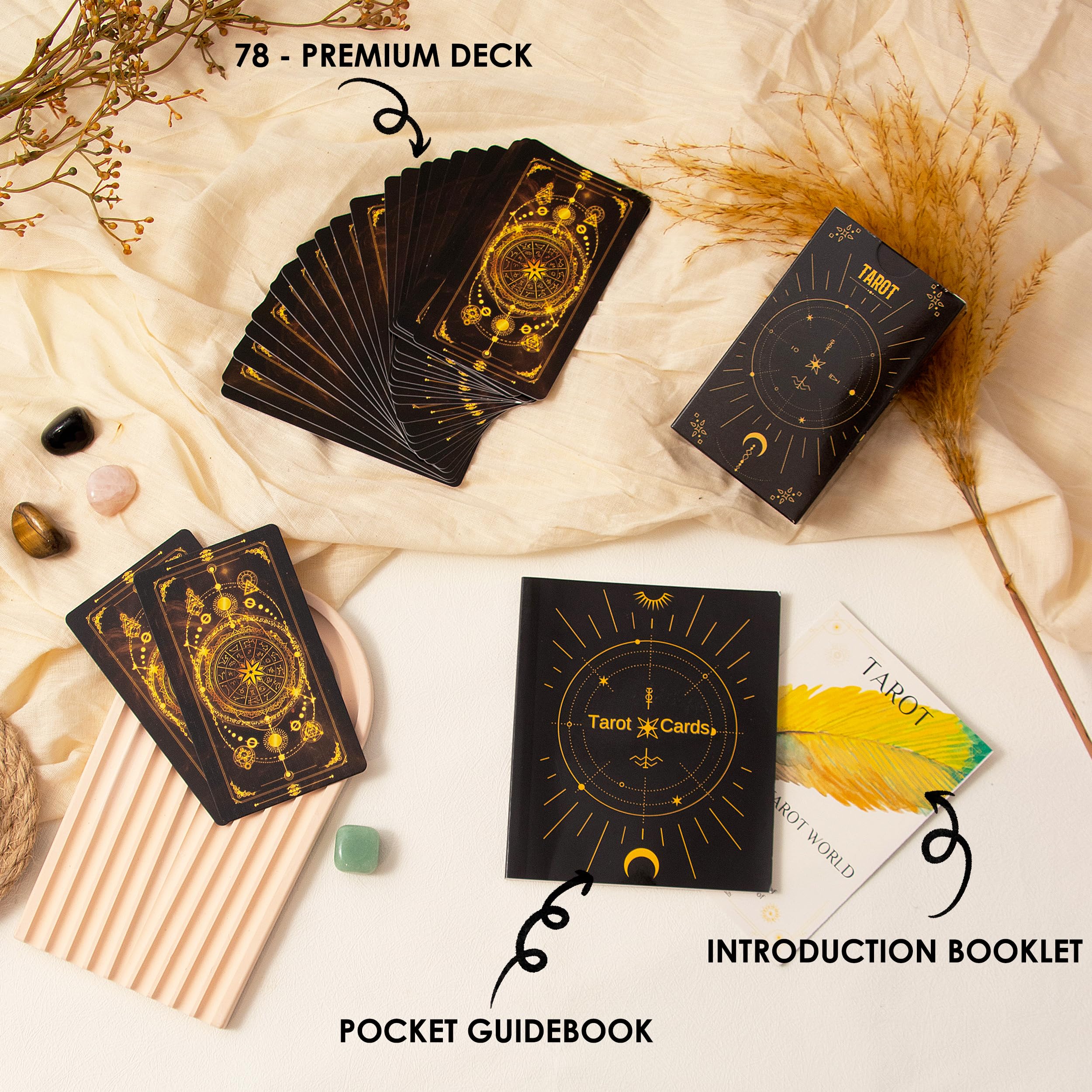 SUGEYA 78 Tarot Cards with Guide Book, Black Tarot Deck Gift Set with Tarot Cloth, Chakra Stones and More, Tarot Cards Deck Fortune Telling Game Craft Cardboard for Beginners and Expert Readers