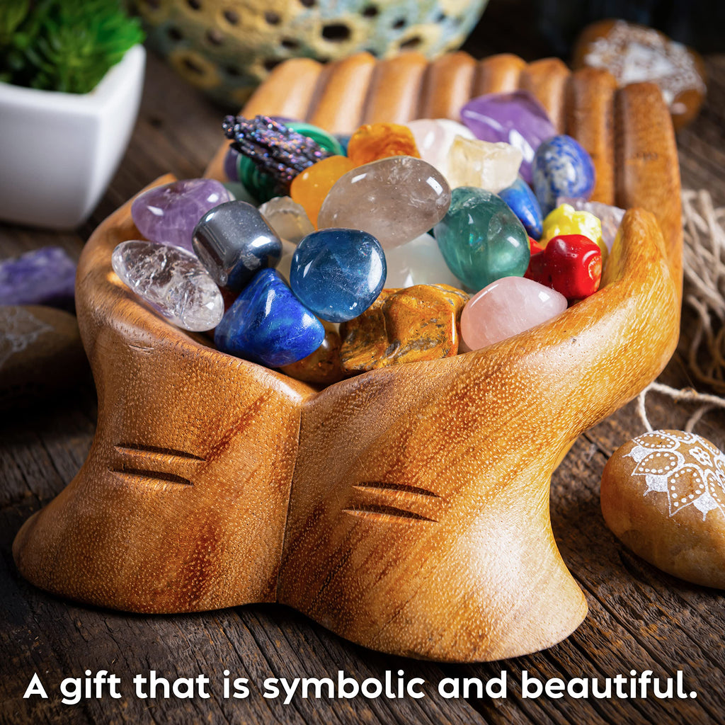 Curawood Carved Hands Offering Bowl - Crystal Holder for Stones, Rock Collection Holder, Crystal Display Storage Tray, Wooden Hands Bowl for Keys - Rock Display Case for Shelf, Stand, Altar Decor (M)