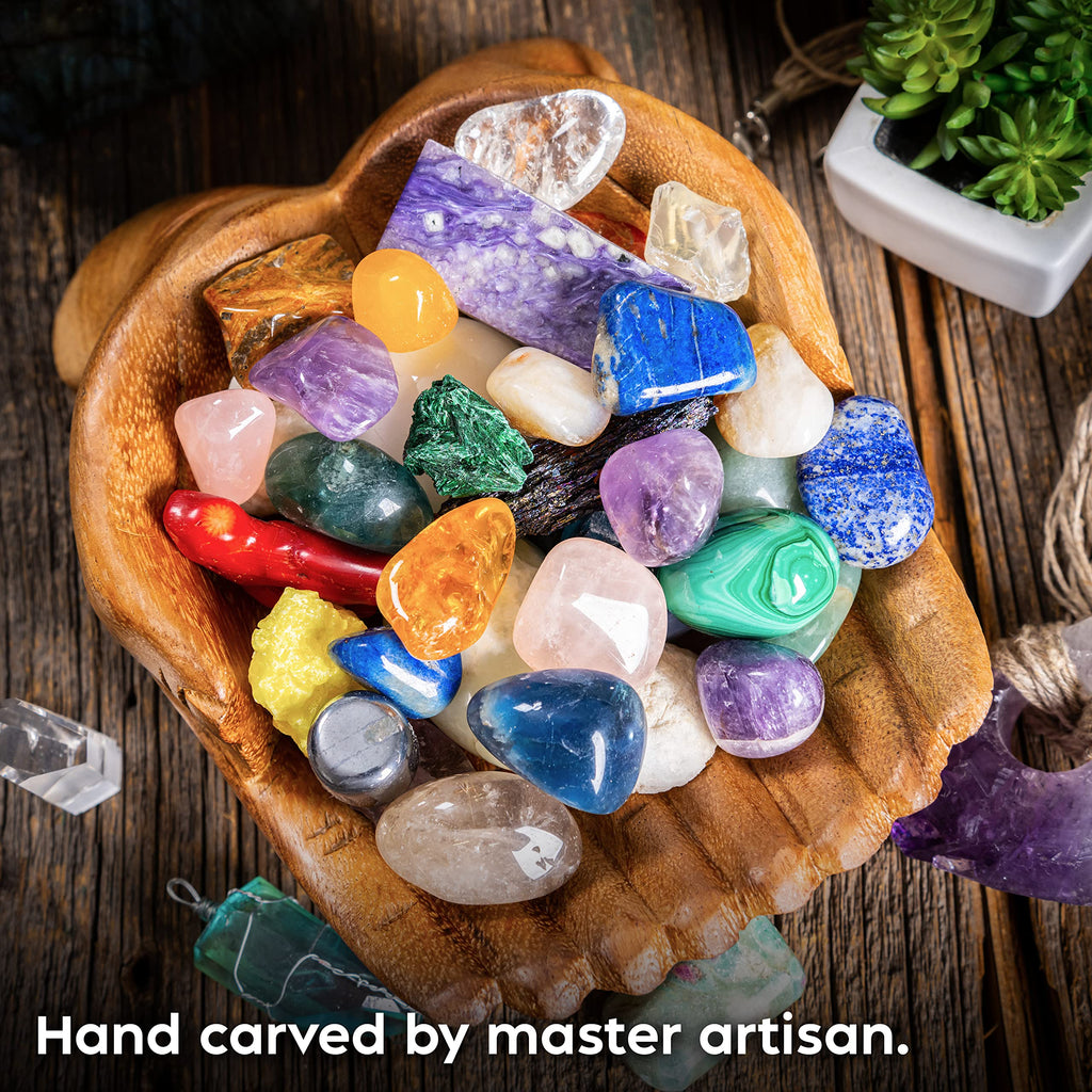 Curawood Carved Hands Offering Bowl - Crystal Holder for Stones, Rock Collection Holder, Crystal Display Storage Tray, Wooden Hands Bowl for Keys - Rock Display Case for Shelf, Stand, Altar Decor (M)