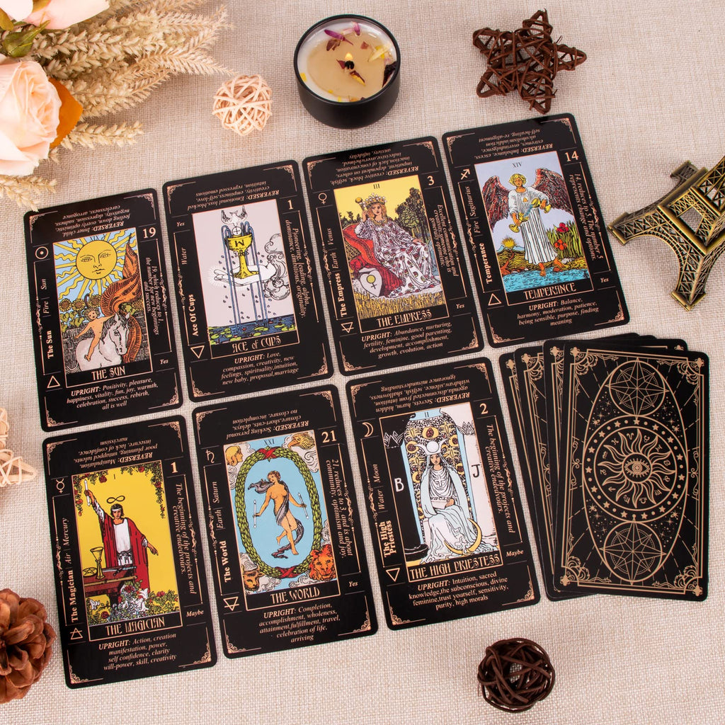 KLEDERY Tarot Cards for Beginners, Classic Tarot Deck with Meanings, Durable Cards with Guide Book, Black