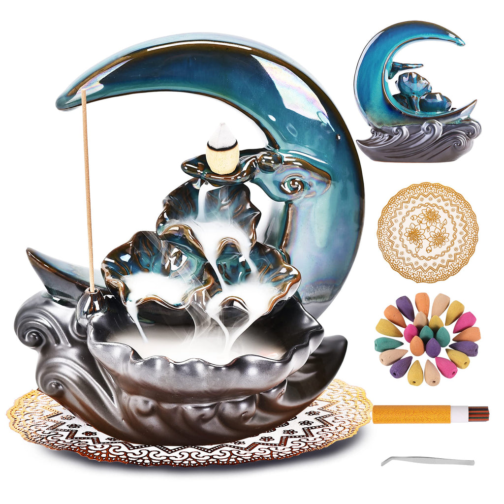 Zvaiuk New Moon Backflow Incense Holder, Ceramic Hand-Made Incense Fountain Burner with 100 Backflow Incense Cones，Fragrance Incense Stick，Mat，Aromatherapy Home Decoration